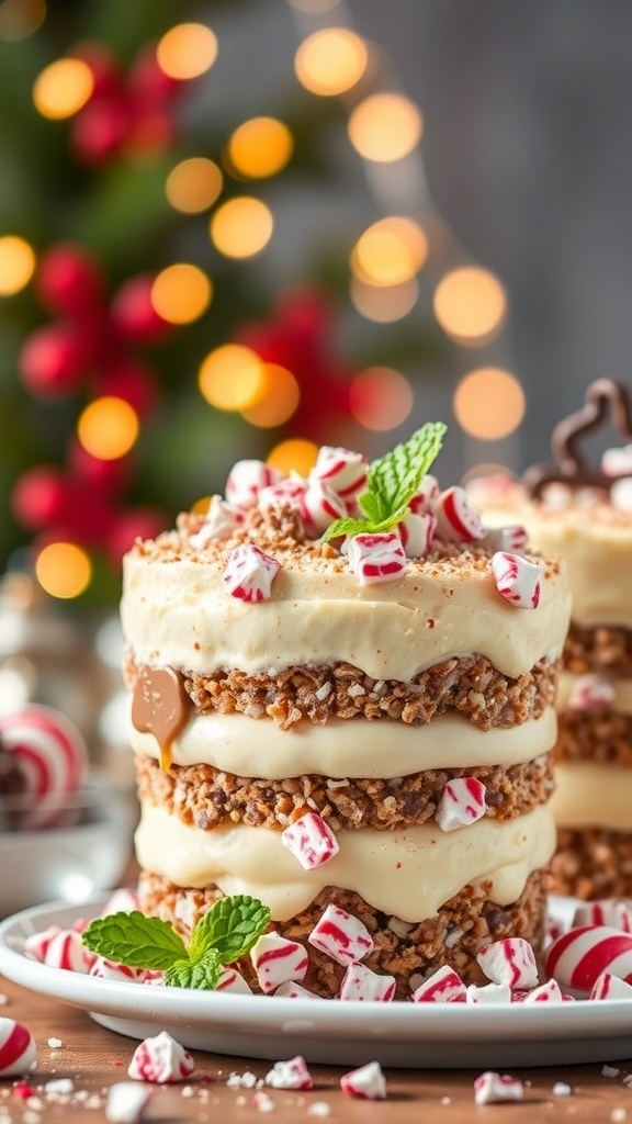 A festive layered dessert with peppermint and chocolate, set against a blurred Christmas background.